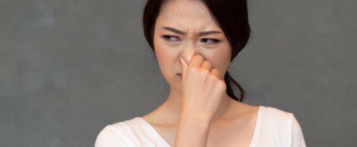 Frau hält sich die Nase zu wegen übelriechendem Geruch