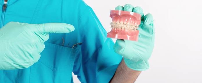 Kieferorthopäde mit Gebiss mit fester Zahnspange